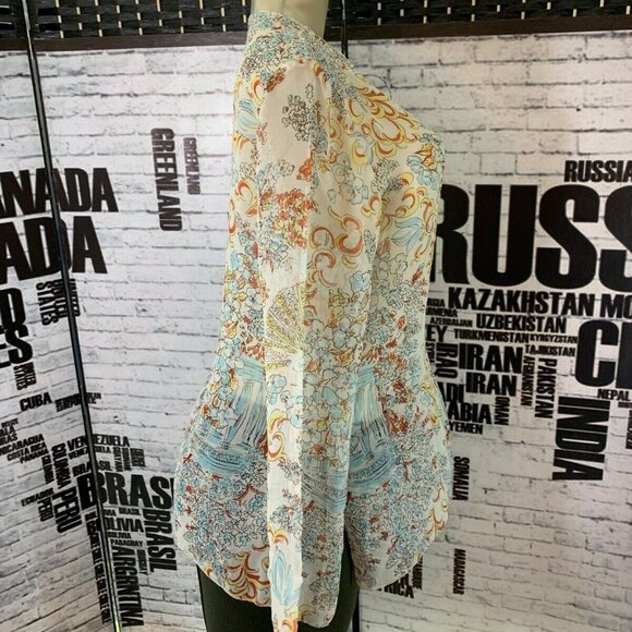 Cabi Blue Floral Silk Sheer Tie Beaded Neck Top - Picture 3 of 6